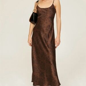 Weworewhat Brown and Black Floral Silky Slip Midi Dress New with Tag